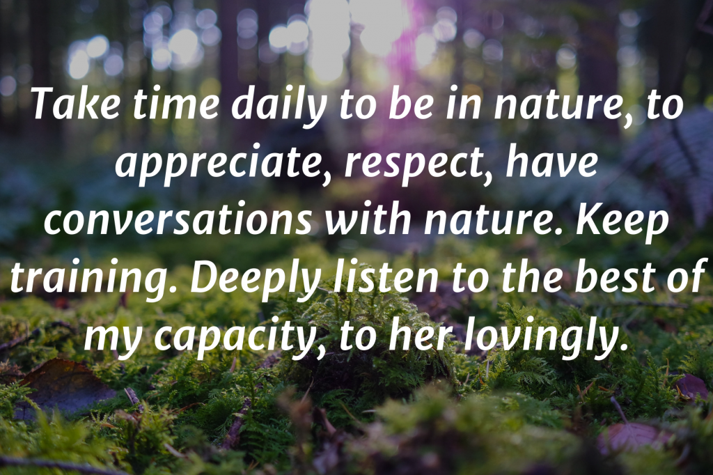 A close-up on the moss in the forest. Text on top: "Take time daily to be in nature, to appreciate, respect, have conversations with nature. Keep training. Deeply listen to the best of my capacity, to her lovingly."