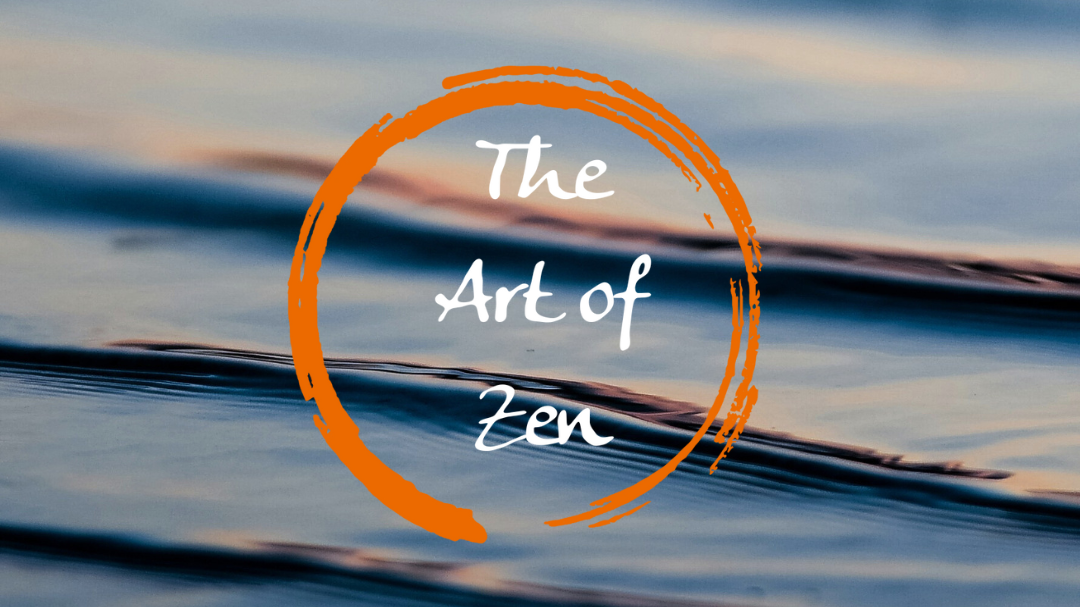 The Art of Zen written in an orange circle on background of rippling water.