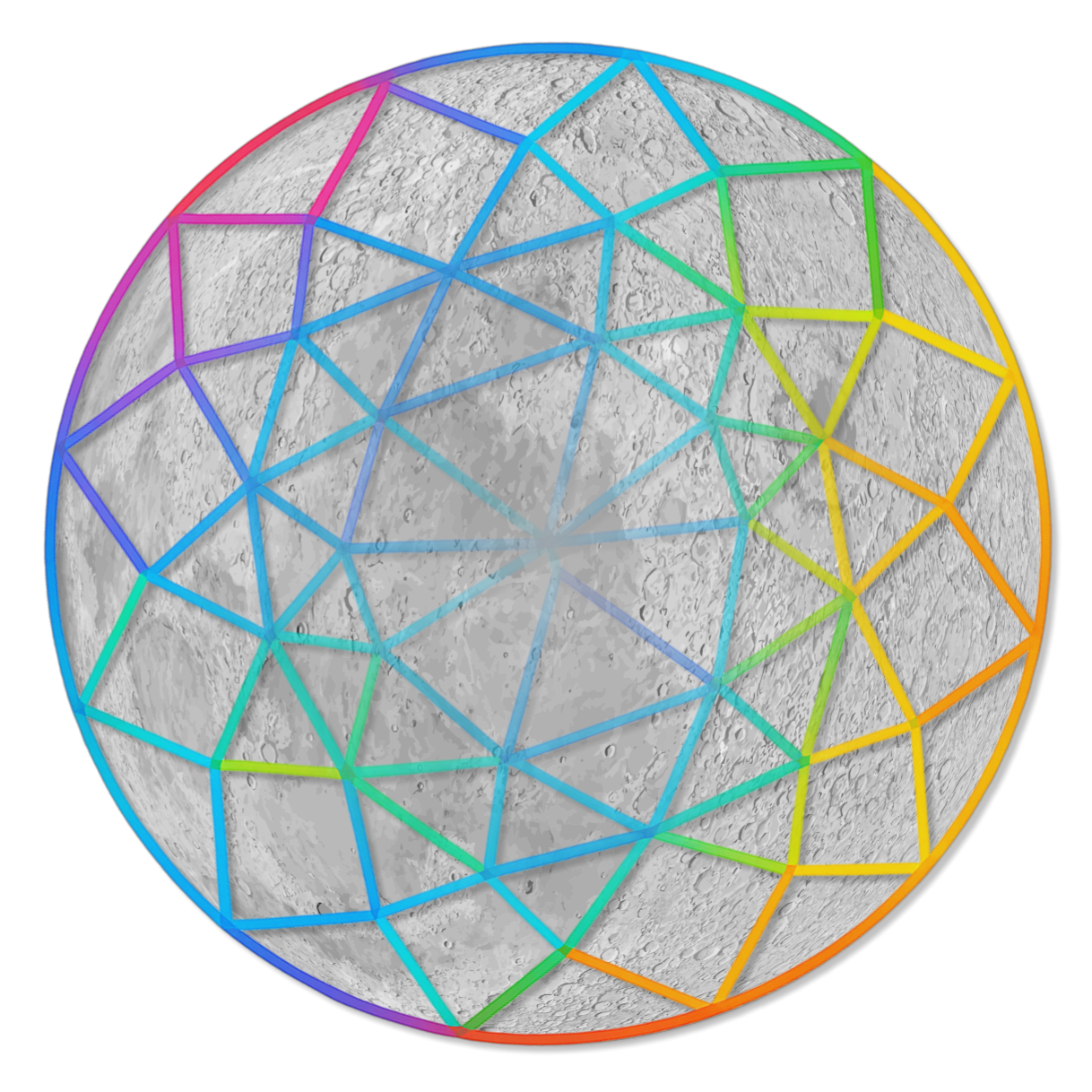 Multicoloured arcs on a grey circular background.